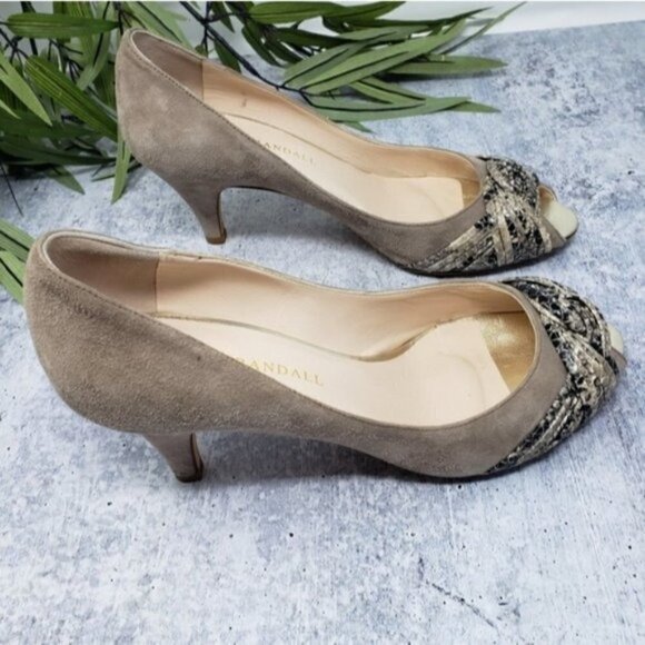 Loeffler Randall | Beige Suede Snakeskin Print Peep Toe Pumps Heels Size 7 - Picture 7 of 8